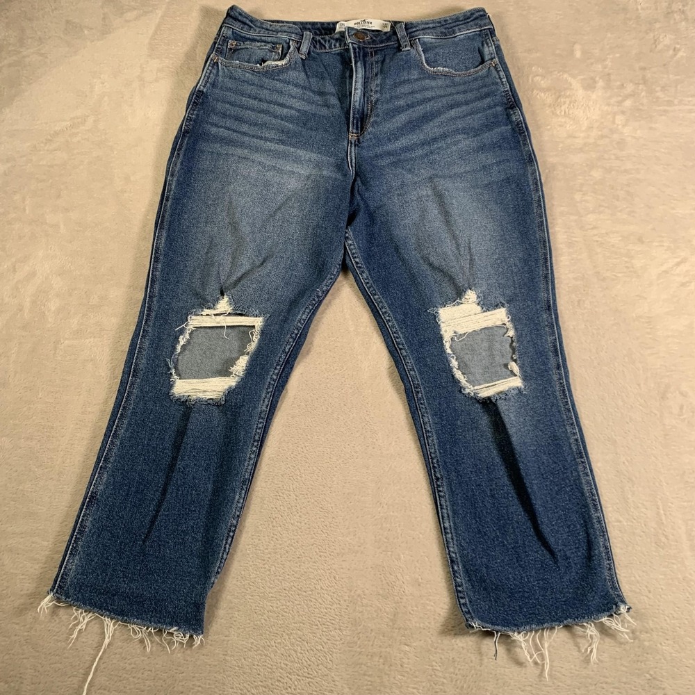 Hollister Jeans Womens 13S W31 L24 Blue Curvy High-Rise Mom‎ Distressed Raw Hem